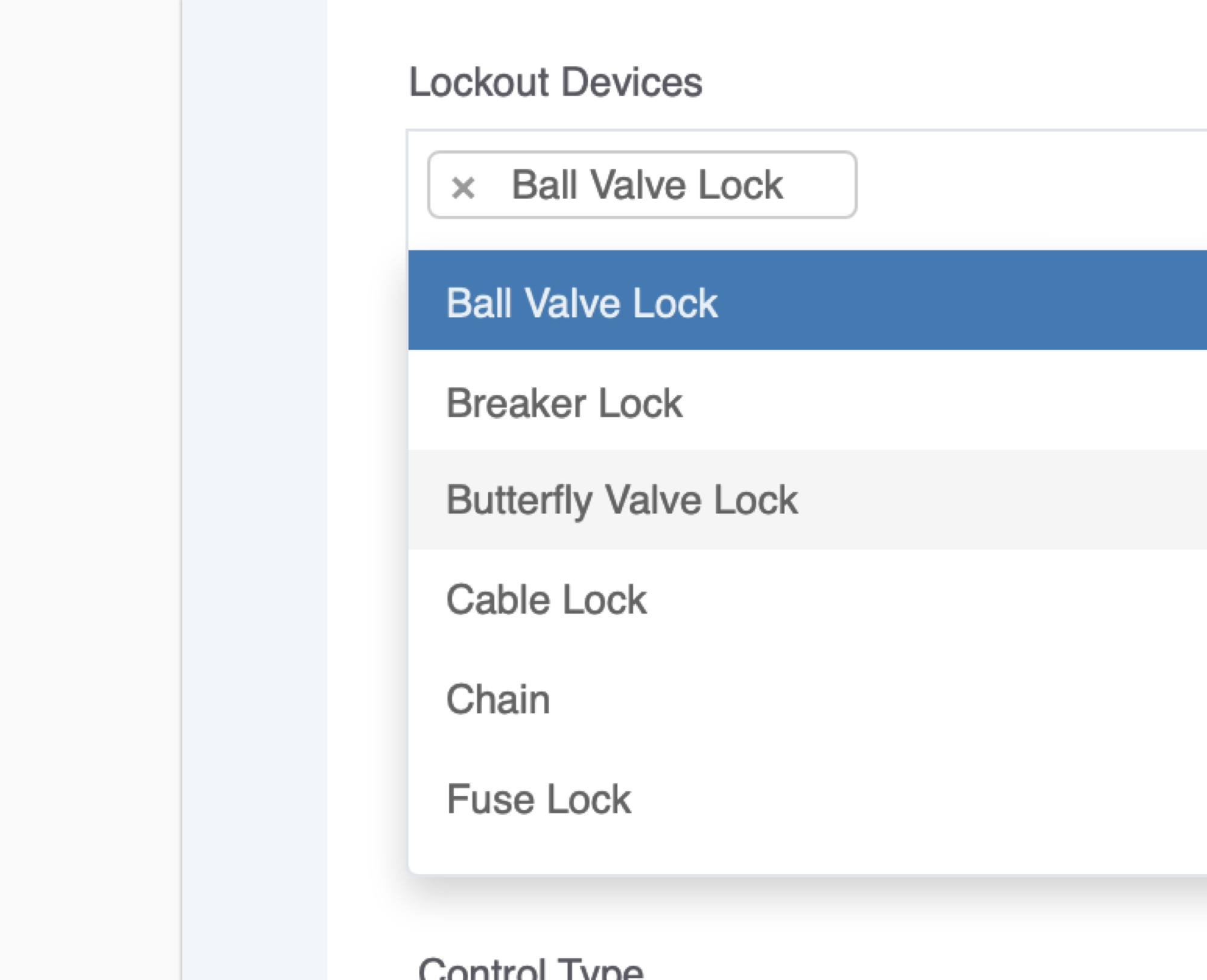 Application screenshot showing lockout/tagout device list.