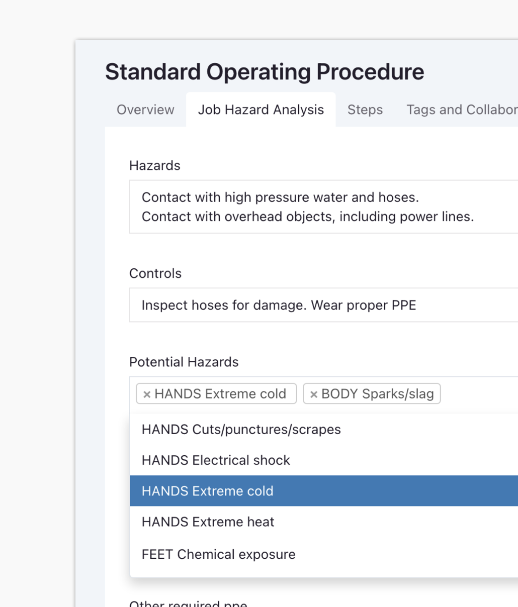 Application screenshot showing job hazard analysis form.