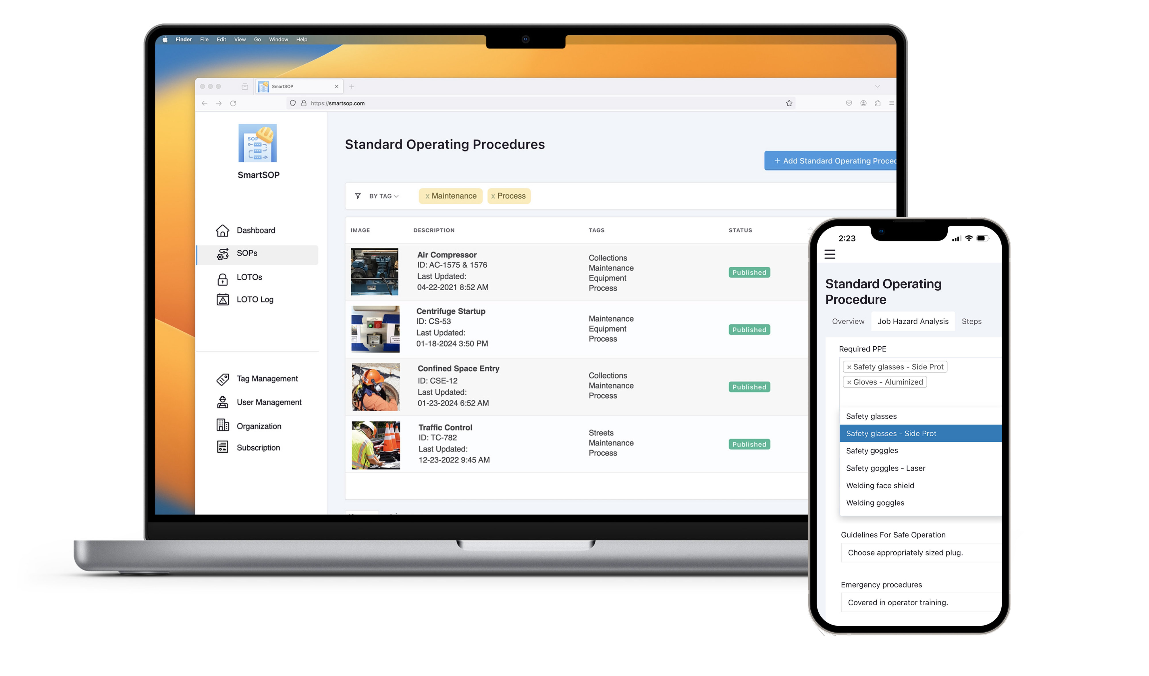 Laptop and mobile device mockup showing screenshots of the Smart SOP application.